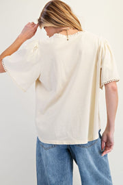 Jolynn Embroidered Crochet Lace & Pintuck Accent Tulip Sleeve Top
