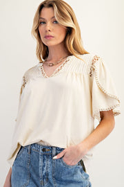 Jolynn Embroidered Crochet Lace & Pintuck Accent Tulip Sleeve Top