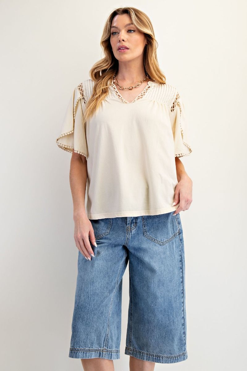 Jolynn Embroidered Crochet Lace & Pintuck Accent Tulip Sleeve Top