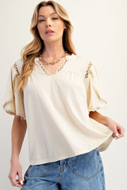 Jolynn Embroidered Crochet Lace & Pintuck Accent Tulip Sleeve Top