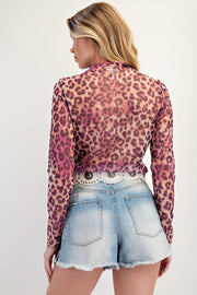 Sheba Magenta Leopard Mesh Mock Neck Long Sleeve Top