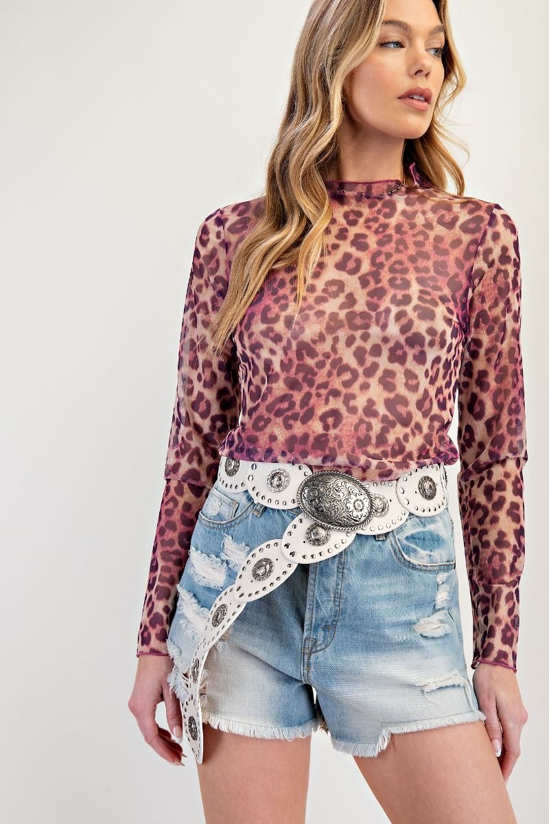 Sheba Magenta Leopard Mesh Mock Neck Long Sleeve Top