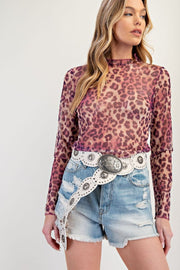 Sheba Magenta Leopard Mesh Mock Neck Long Sleeve Top