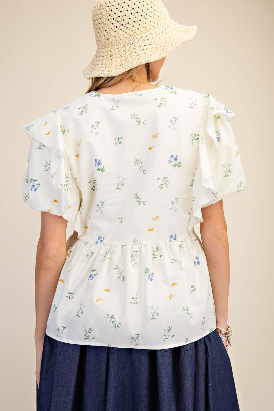 Flutter Garden Print Bubble Sleeve Peplum Top