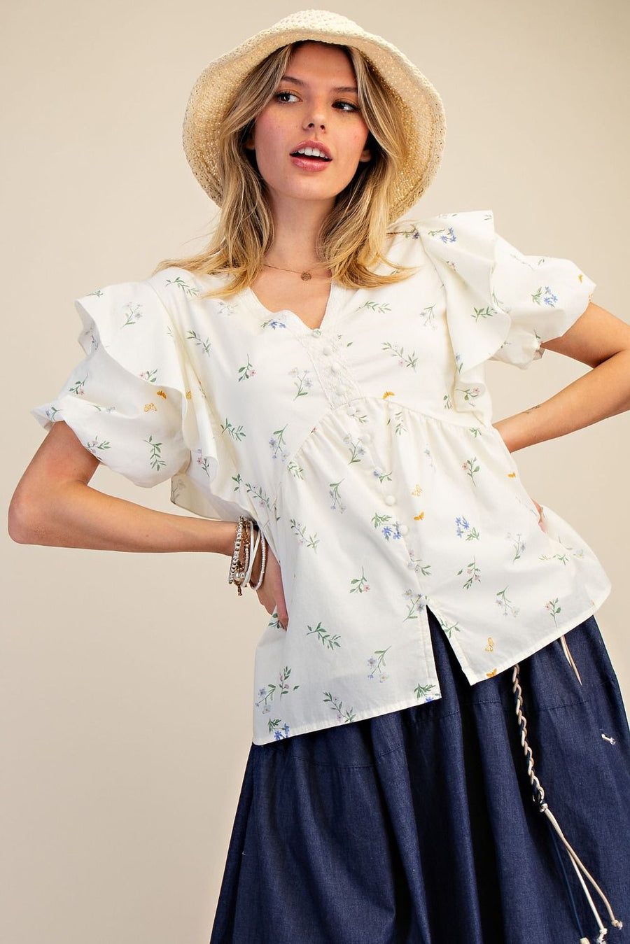 Flutter Garden Print Bubble Sleeve Peplum Top