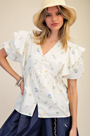 Flutter Garden Print Bubble Sleeve Peplum Top