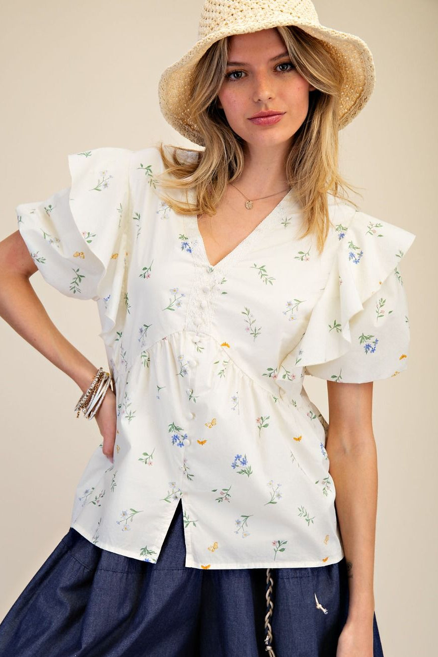 Flutter Garden Print Bubble Sleeve Peplum Top