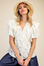 Flutter Garden Print Bubble Sleeve Peplum Top