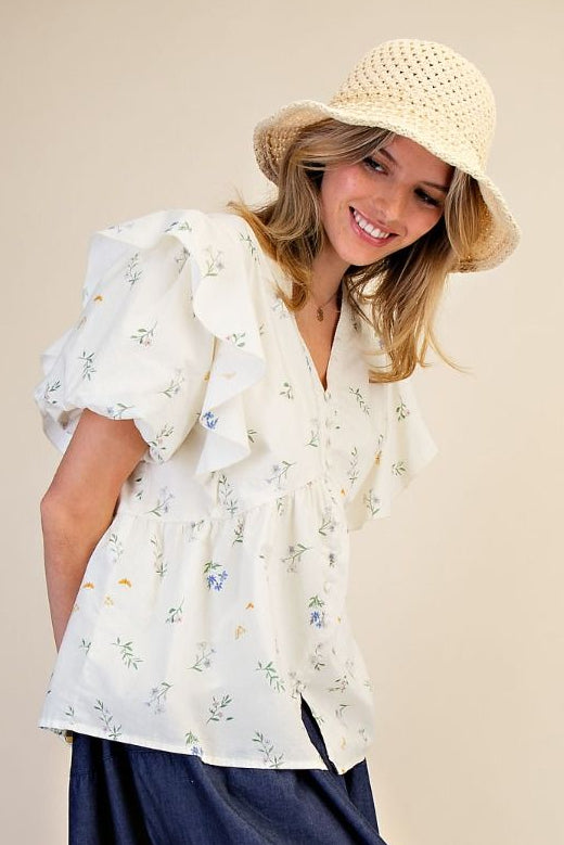Flutter Garden Print Bubble Sleeve Peplum Top