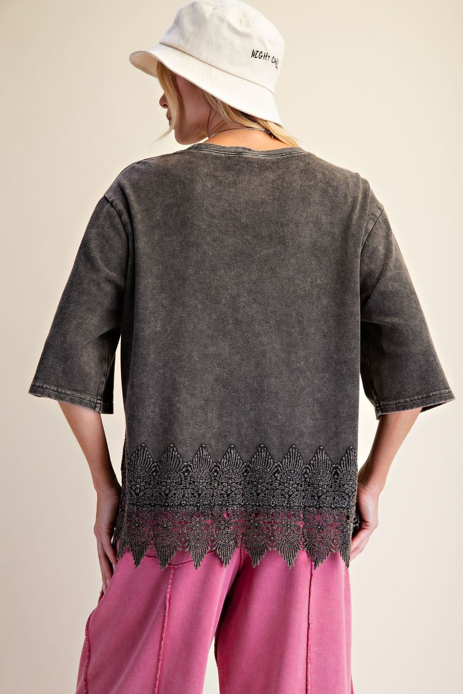 Trina Mineral Washed Lace Hem Oversized Knit Top