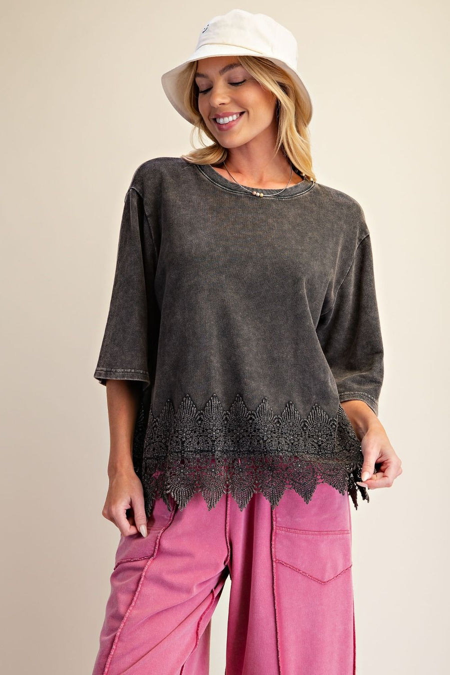 Trina Mineral Washed Lace Hem Oversized Knit Top