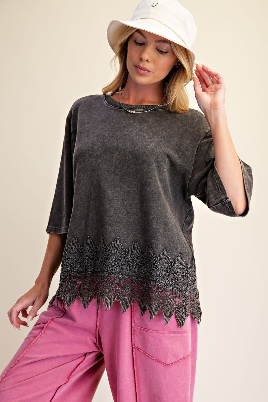 Trina Mineral Washed Lace Hem Oversized Knit Top