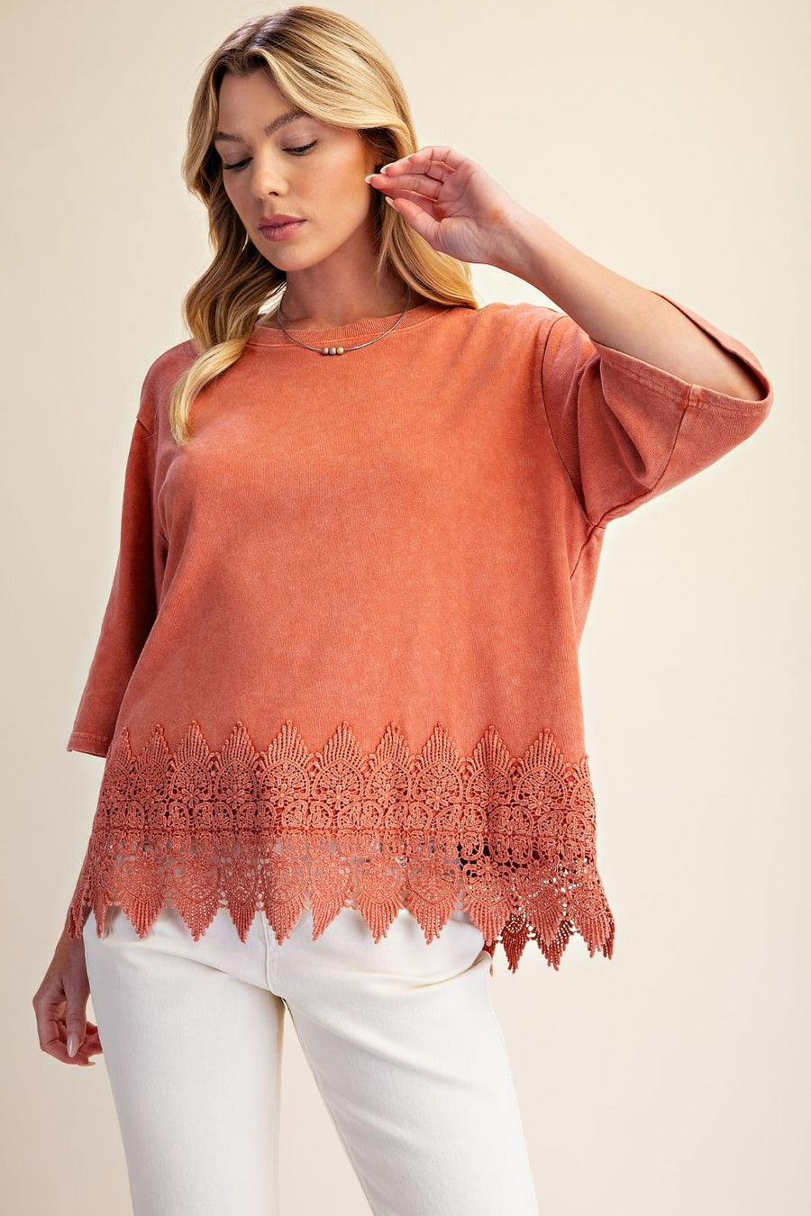 Trina Mineral Washed Lace Hem Oversized Knit Top