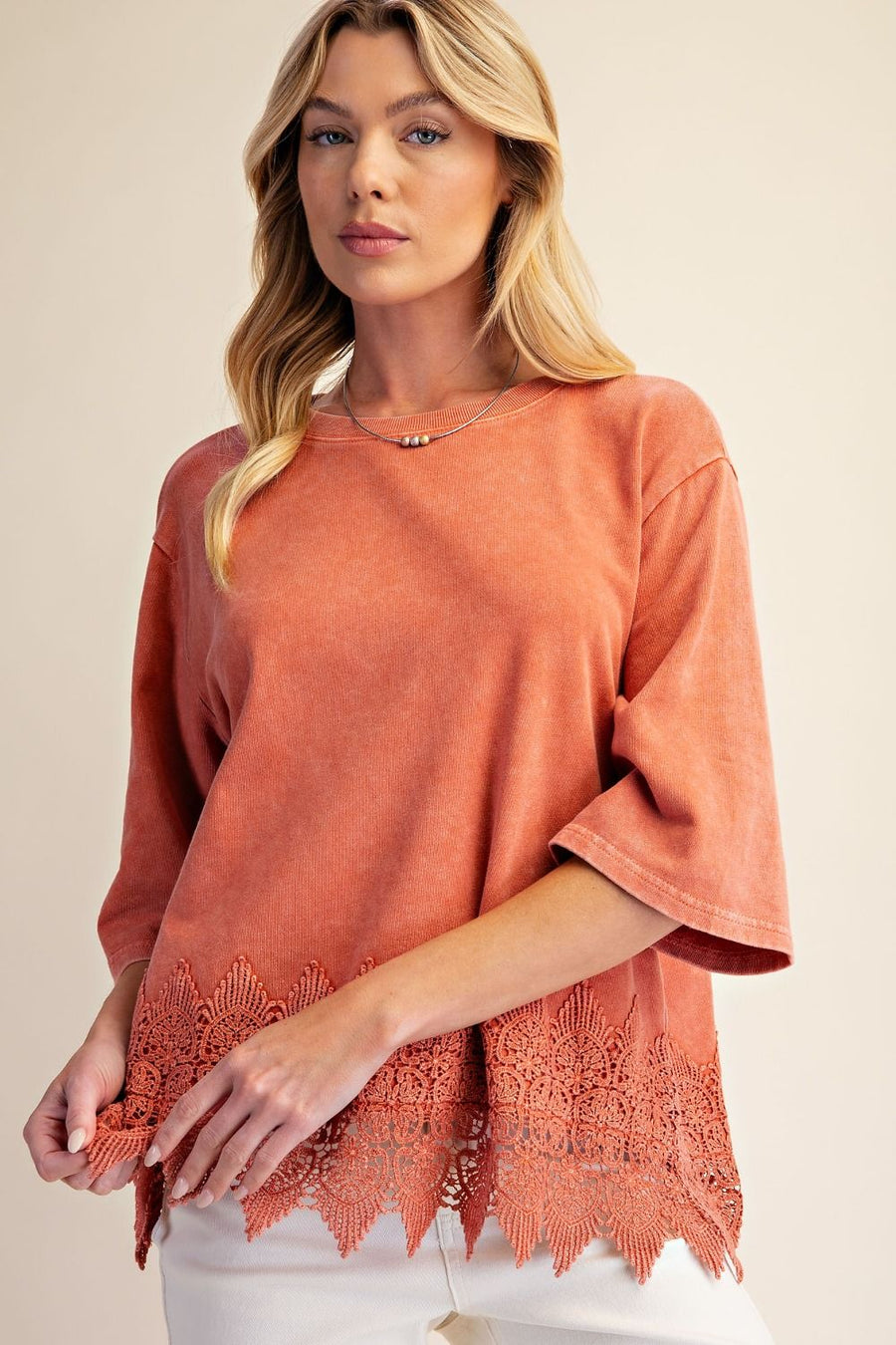 Trina Mineral Washed Lace Hem Oversized Knit Top