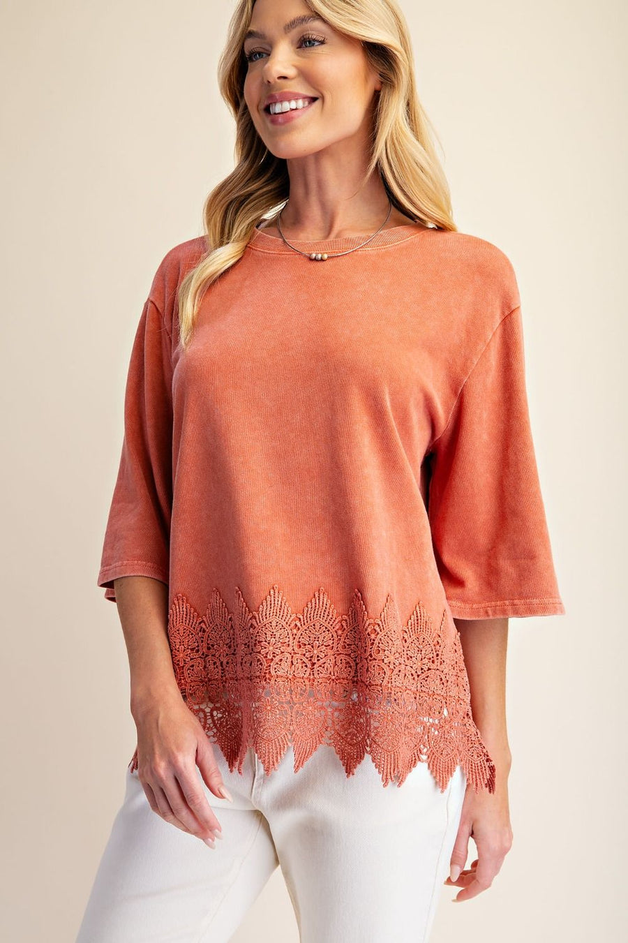 Trina Mineral Washed Lace Hem Oversized Knit Top