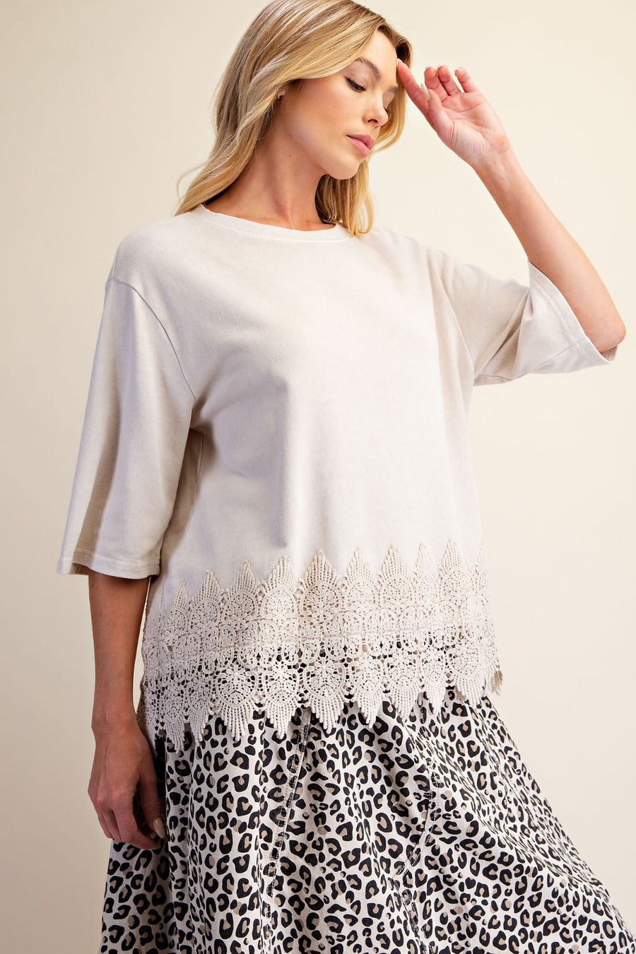 Trina Mineral Washed Lace Hem Oversized Knit Top