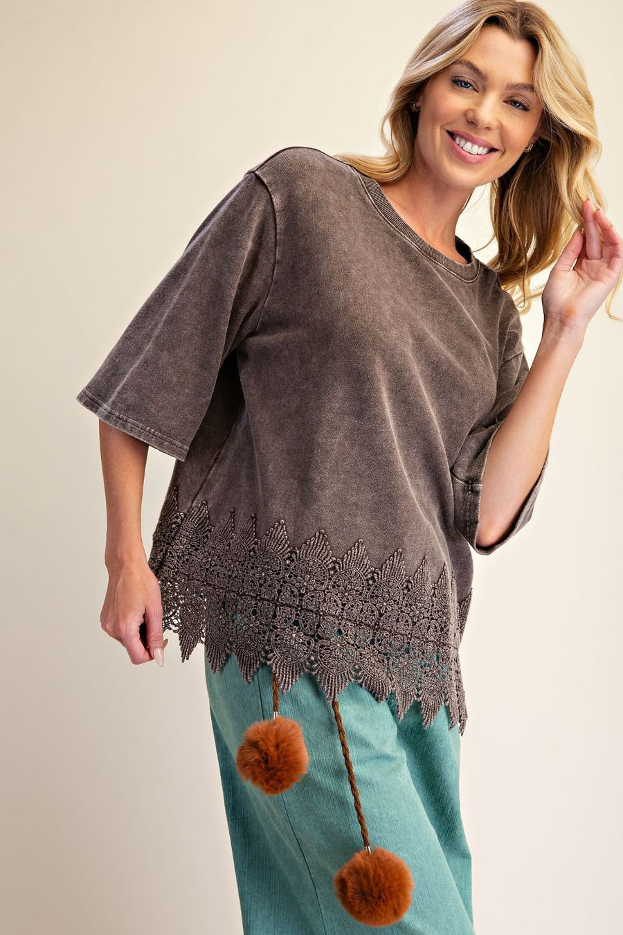 Trina Mineral Washed Lace Hem Oversized Knit Top