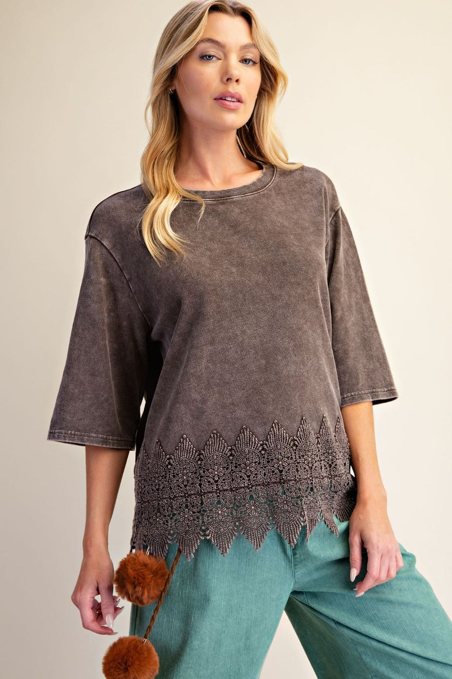 Trina Mineral Washed Lace Hem Oversized Knit Top