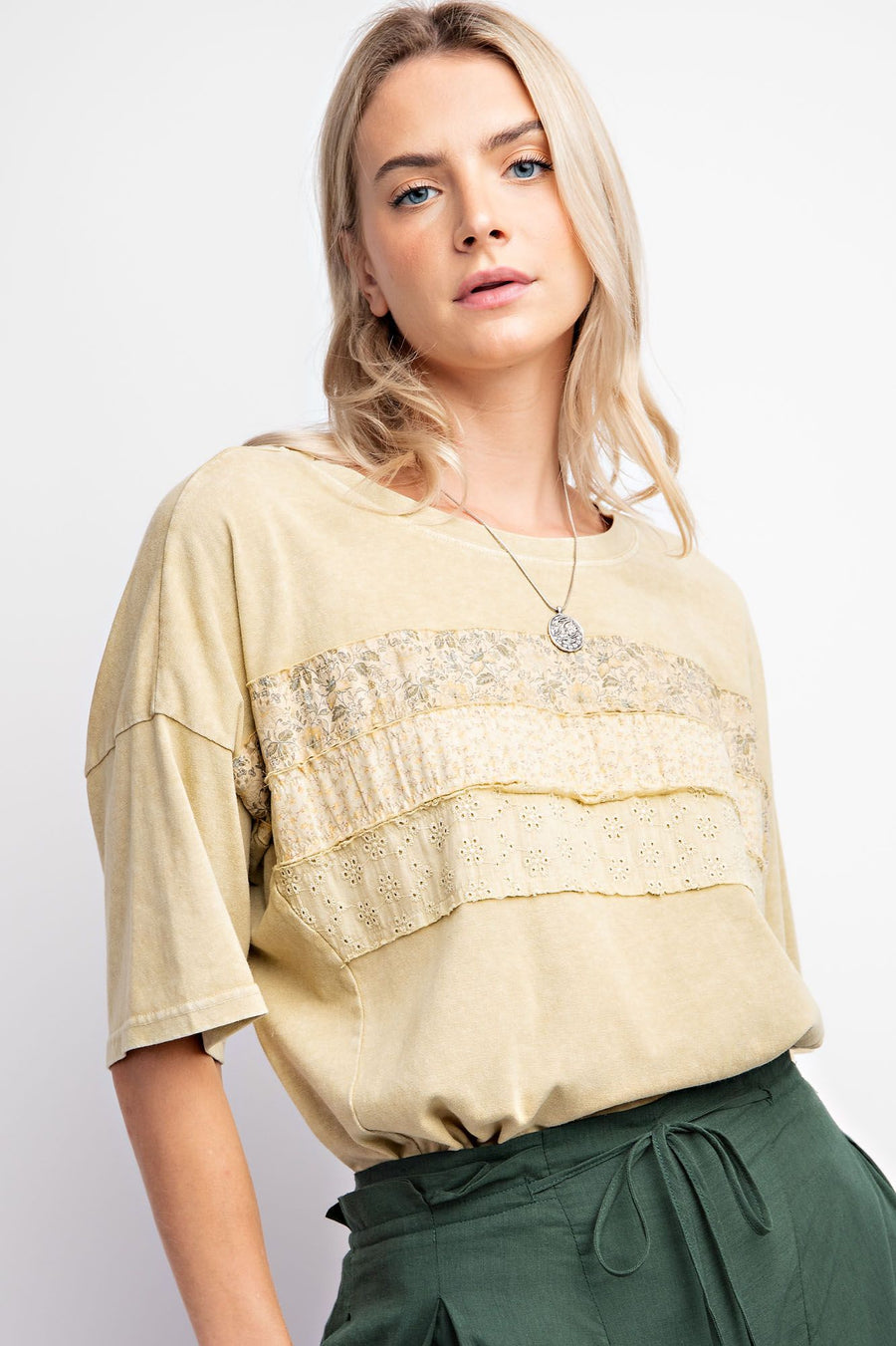 Lana Mixed Lace Boho Mineral Washed Jersey Knit Tee