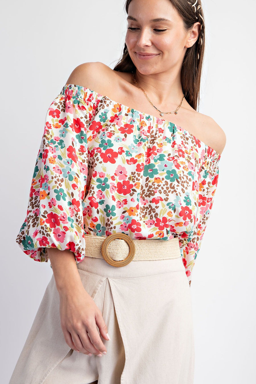 Leola Print Off-Shoulder Balloon Half Sleeve Top