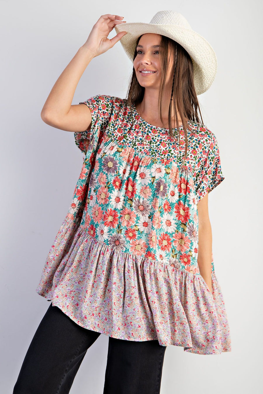 Daysie Floral Print Tiered Tunic Top