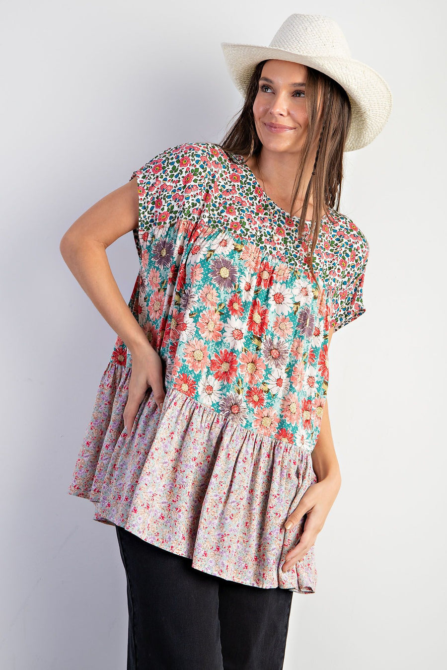 Daysie Floral Print Tiered Tunic Top