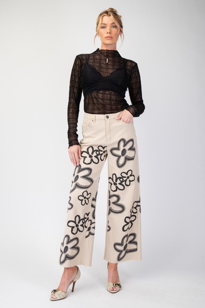 Sheer Square Textures Mesh Mock Neck Long Sleeve Top