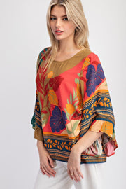 Arbora Border Botanical Print Rayon Challis Print Top