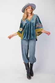 Aquarius Embroidered Velvet Kimono Babydoll Tunic Top