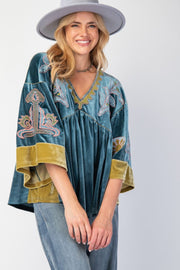 Aquarius Embroidered Velvet Kimono Babydoll Tunic Top