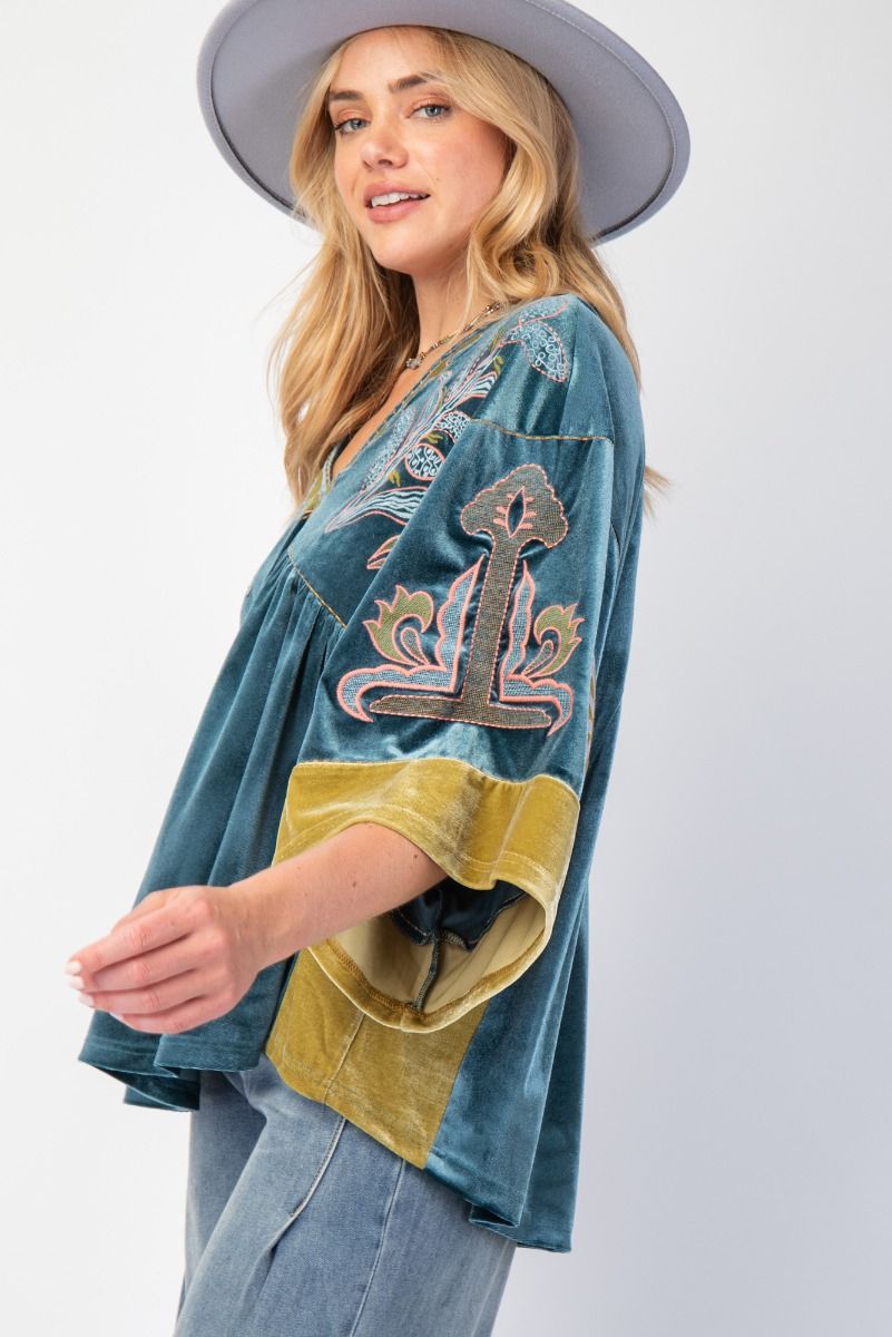 Aquarius Embroidered Velvet Kimono Babydoll Tunic Top