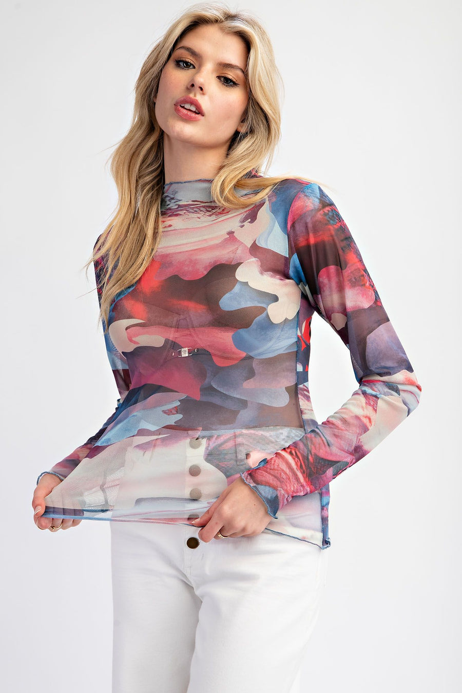 Cierra Abstract Printed Mesh Long Sleeve Fitted Top