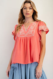 Dorinda Embroidered Gauze BabyDoll Top