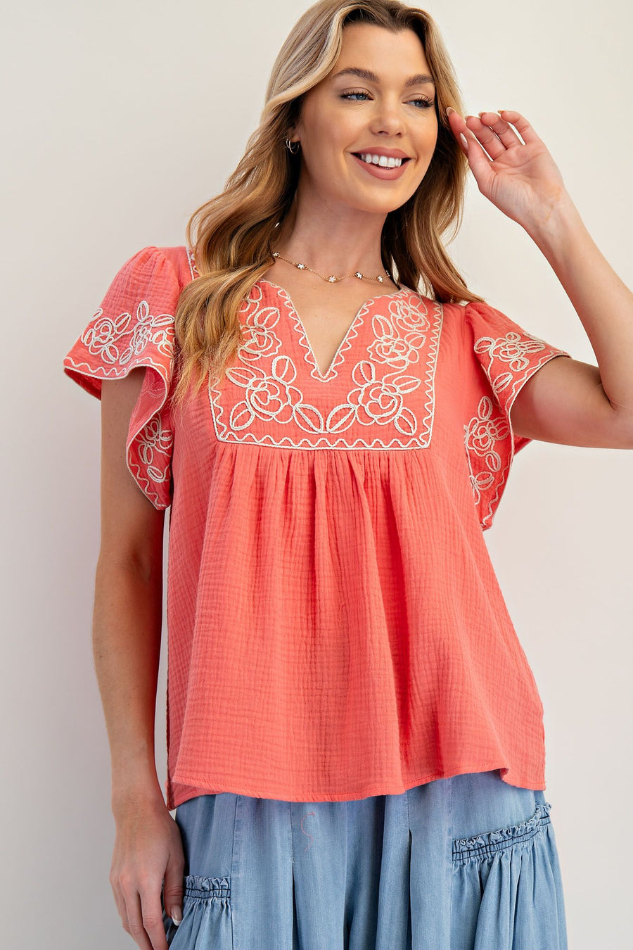 Dorinda Embroidered Gauze BabyDoll Top