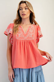 Dorinda Embroidered Gauze BabyDoll Top