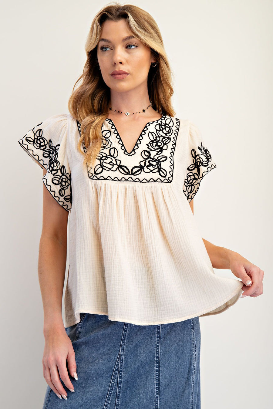 Dorinda Embroidered Gauze BabyDoll Top