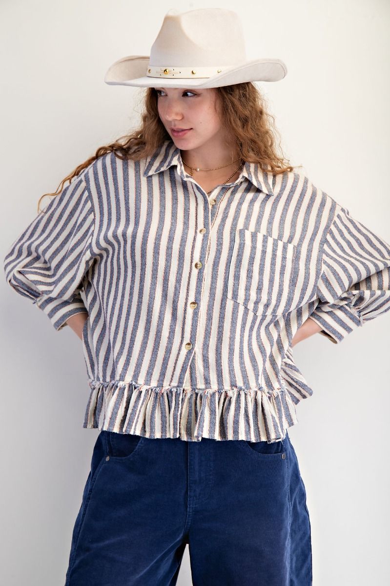 Anita Linen Denim Stripe Ruffle Hem Button Front Top