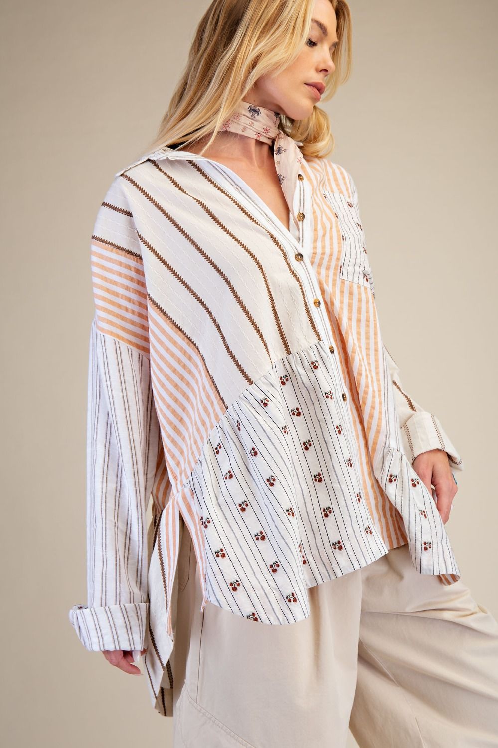 Angie MixMatch Stripe Print Button Front Shirt