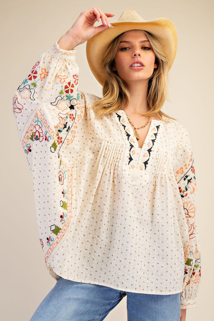 Avonne Boho Embroidery Detail Balloon Sleeve Print Blouse Top