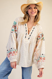 Avonne Boho Embroidery Detail Balloon Sleeve Print Blouse Top