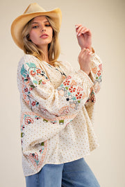 Avonne Boho Embroidery Detail Balloon Sleeve Print Blouse Top