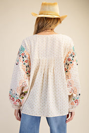 Avonne Boho Embroidery Detail Balloon Sleeve Print Blouse Top