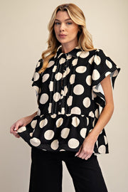 BIG DOTS Short Sleeve Button Front Ruffle Top
