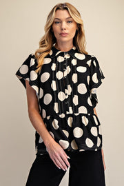 BIG DOTS Short Sleeve Button Front Ruffle Top