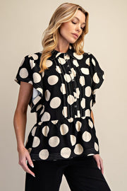 BIG DOTS Short Sleeve Button Front Ruffle Top