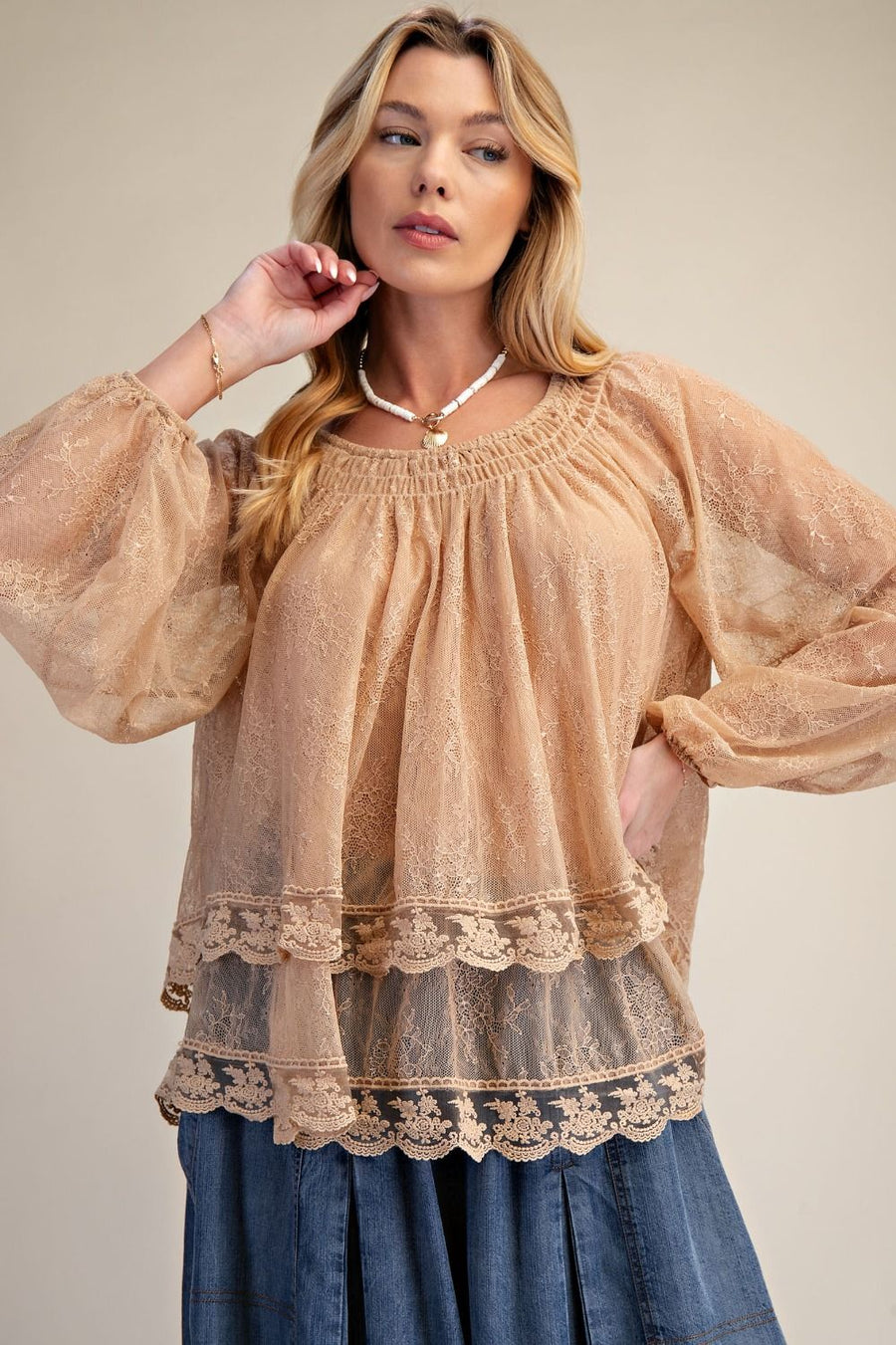 Antionette Sheer Lace Open Back Blouse