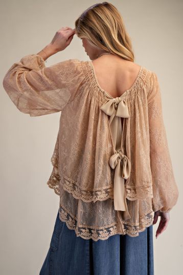 Antionette Sheer Lace Open Back Blouse