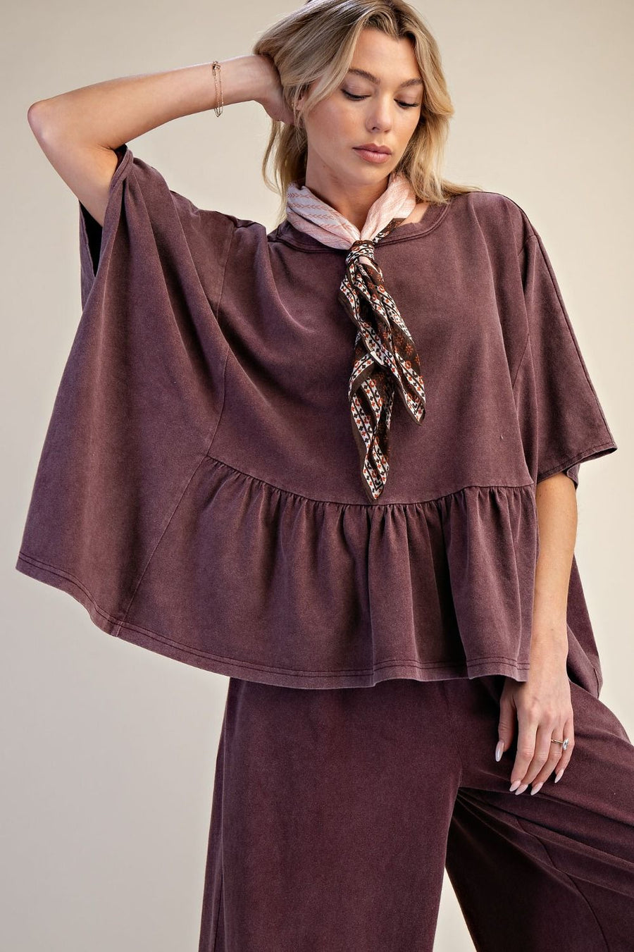 Zanthee Kaftan Sleeve Ruffle Hem Top
