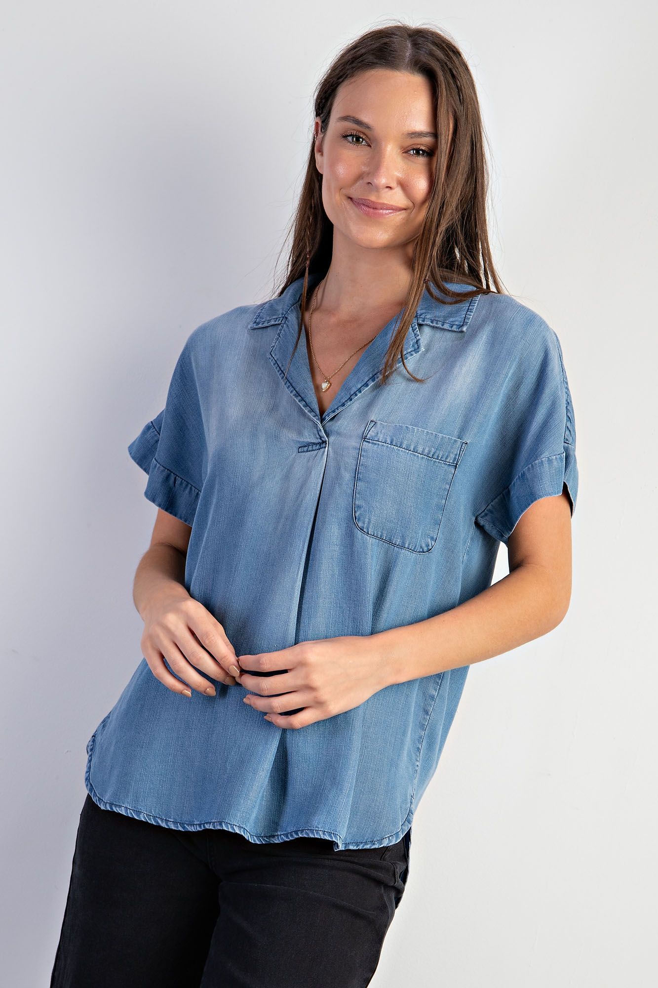 Jovie Washed Denim Pullover V-Neck Collared Top