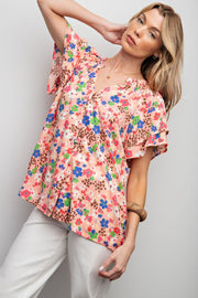 Poppy Floral Print Butterfly Sleeve Top